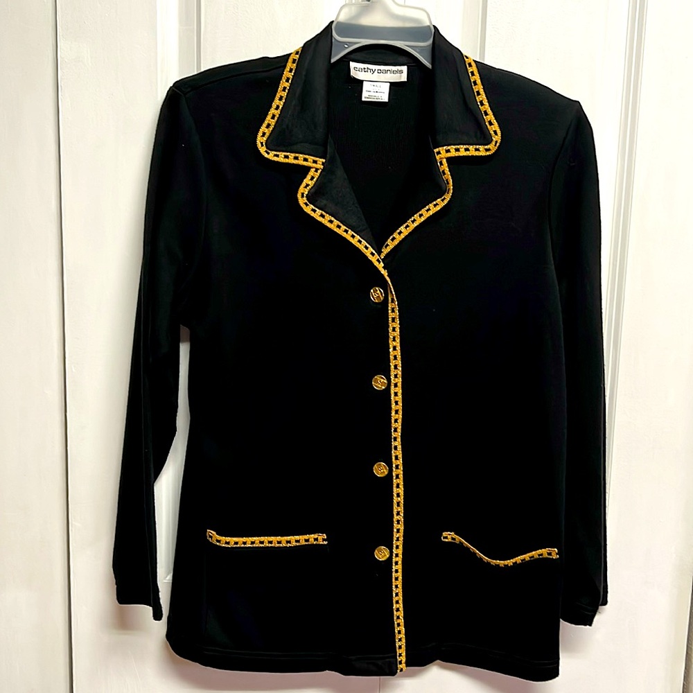 Vintage Cathy Daniel’s Black Gold Trim Pocket Cardigan Sweater Size S